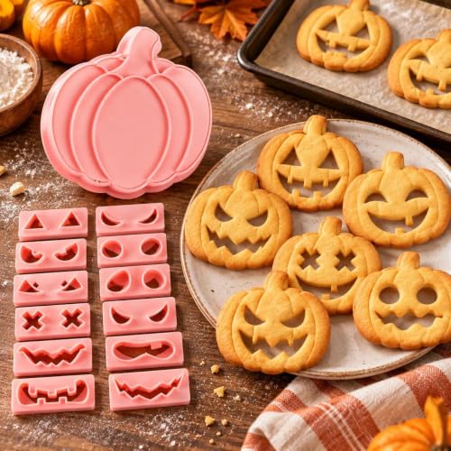 Pumpkin Face Cookie Stamps Set, 10 Pieces 3D Pressable Cookie Cutters - color: Pumpkin