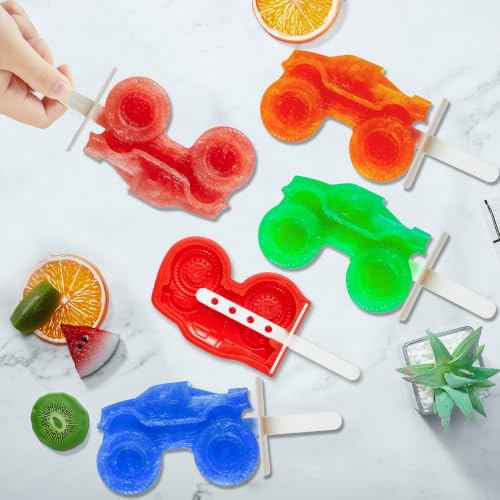 ACOOKEE Monster Truck Popsicle Molds Set of 4 (Ice Pop Mold+Sticks+Lids+Drip Guards) for Homemade Freezer Ice Pops & Frozen Snacks, Stocking Stuffers for Boys & Girls