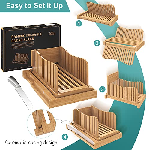 Bamboo Bread Slicer with Serrated Knife, Adjustable Guide for 3 Thickness Sizes, Foldable Chopping Board with Crumb Tray, Great for Homemade Bread, Cakes, Bagels - style: A - with Knife