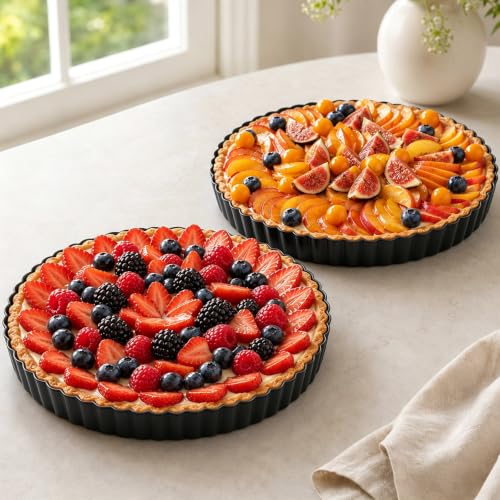9 Inch Quiche Pans 2 Pack. Removable Bottom, Non-Stick Coating, Rugged Carbon Steel Baking Dish for Tart Quiche Pie. Metal Mold Gift for Women Wife Christmas Thanksgiving Party Festival Family - size: 9.45*1.2IN