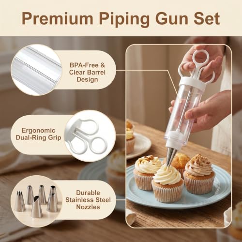 Cupcake Icing Piping Syringe, Cake Decorating Kit with 6 Stainless Steel Tips, Frosting Injector Tool for Dessert Filling and Decoration