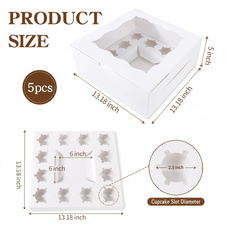 Bento Cupcake Boxes 5pcs,1 +12 Cupcakes,Scalloped Clear Window cake Boxes - size: 1+12/5pcs