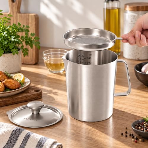 304 Stainless Steel Measuring Cup with Lid, Strainer, 32oz pitcher for Milk