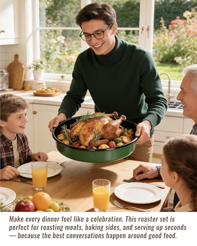 Round Turkey Roasting Pan Set of 4, Enamel Deep Dish Pizza Baking Pan - color: Green