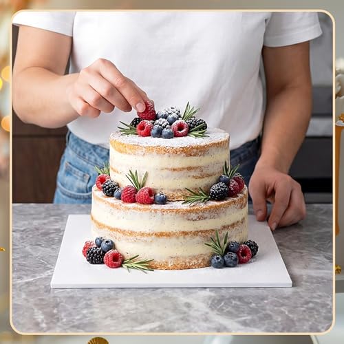 MotiMind 6 Pack 14 Inch Square Cake Drums White Cake Boards Cardboard Drum Foil Wrapped Pastry Board Support for Displaying Pastries Desserts Cupcake