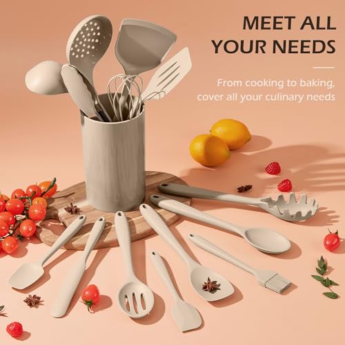 Homikit 15-Piece Kitchen Cooking Utensil Set, Silicone Utensils with Holder - color: Khaki