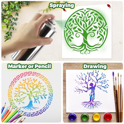 Yazhiji 15Pcs 6 x 6 Inch Tree of Life Stencil, Reusable Stencils for Painting on Wood Decoration Painting Templates for Wall Floor DIY Decorations Holiday Gifts for Kids