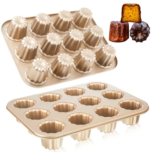 FoldTier 2 Pcs Canele Mold Cake Pan 12 Cavity Cannoli Tubes Molds Non-stick Canele Muffin Bakeware Cupcake Pan French Custard Canele Cake Traditional Pastry Baking Molds for Oven Baking