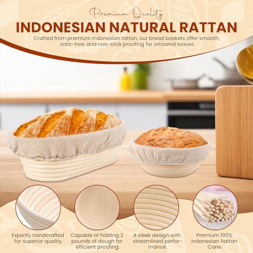 Sourdough Starter Kit of 9-Inch Round and 10-Inch Oval Banetton Proofing Baskets Complete Sourdough Bread Baking Supplies, Bread Lame + Dough Wisk + Stainless Steel Dough Scrapers + Cleaning Brush - style: Sourdough Kit