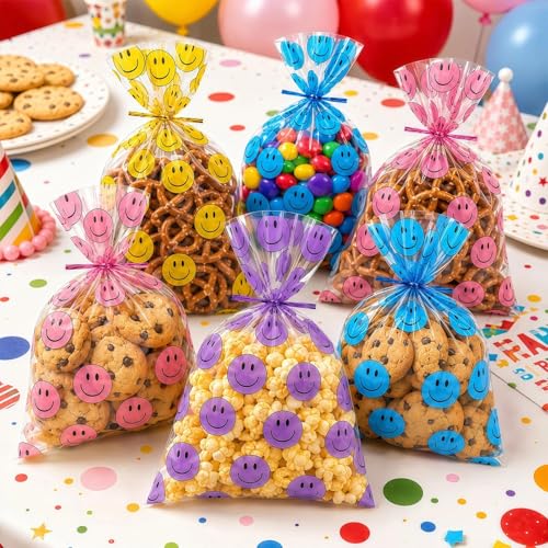 Happy Face Cellophane Bags 200 Pack, Goody Bags with Ties, Treat Gift Bags - color: 200Pcs Yellow Red Purple Blue