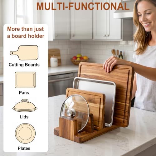 Acacia Wood Cutting Board Holder, 4-Slot Cutting Boards Organizer Storage Rack for Countertop, Wooden Stand for Cutting Boards, Pots, Pans, Lids & Trays | Ideal Housewarming Gift