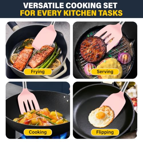 2 Pack Silicone Spatula Set, Solid & Slotted Turner for Non-Stick Pans - color: Pink