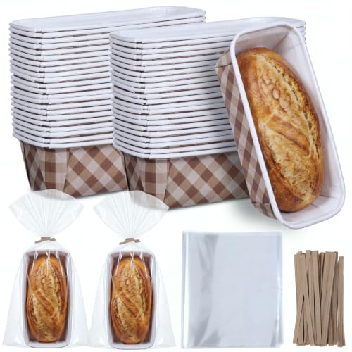 50 Sets Paper Loaf Pans for Baking 6.3 x 2.2 x 2.2 Inch Disposable Paper Baking Pans with Clear Plastic Bags and Kraft Ties Rectangle Cake Mold for Bread Sweets Tea Party (Brown Plaid) - style: Brown Plaid