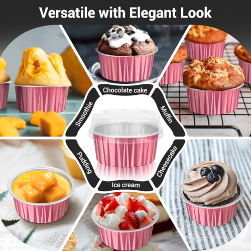 EUSOAR Disposable Ramekins with Lids, 60pcs 5oz Foil Dessert Cups, Aluminum Baking Cups Liners Mini Cupcake Containers Cheesecake Creme Brulee Ramekins for Wedding Party Catering Gathering-Carmine - color: Carmine, size: 60pcs