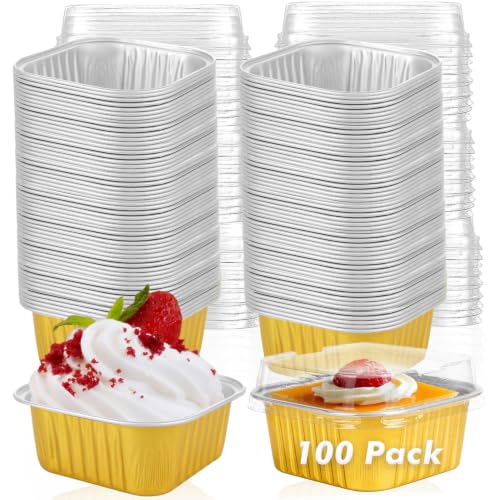100 Pcs 5oz Mini Square Baking pans with Lids, Aluminum Foil Cake Molds with Lid, Disposable Cupcake Pan Pudding Cups for Party Wedding Birthday,Gold - color: Gold