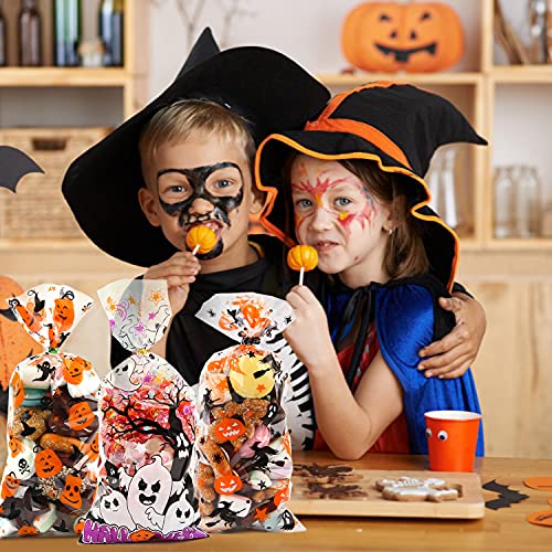 LOMIMOS 150PCS Halloween Cellophane Candy Bags, Clear Plastic Treat bags with 300PCS Twist Ties for Snacks cookies Gift Supplies - size: 4.9x10.8 Inch (Pack of 150)