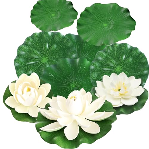 9PCS Artificial Floating Foam Lotus Flowers with Artificial Lotus Leaves: Lily Pads for Lake - Pond Plants Ornaments for Pool Aquarium Water Decoration, White