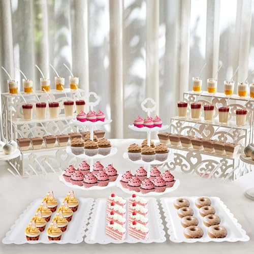 6 Pcs Cupcake Stand White Dessert Table Display Set 2 Pcs 3 Tier Plastic Cake Stand Holder 4 Pcs Dessert Serving Tray Cookie Platter Rack Tower for Tea Party Wedding Baby Shower