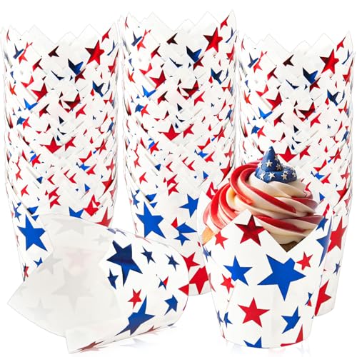 Whaline 120 Pcs July 4th Patriotic Tulip Cupcake Liners Red Blue Star Foil Baking Cups Independence Day Cupcake Muffin Wrappers for 250th Anniversary Memorial Day Party Supplies Table Decor - style: Star