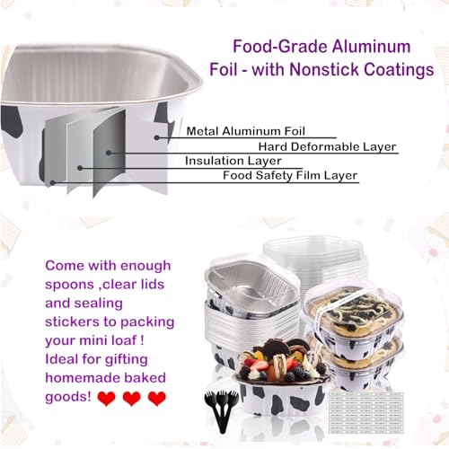 10oz Mini Cake Pans With Lids 50 Pack ,Mini Loaf Pans 4”x4” Cake Container - color: 10OZ-Cow Print