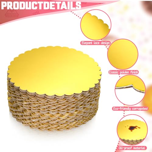 SynHHergyx 50 Pack 10 Inch Gold Cake Boards Round Disposable Cake Circle Base Board Valentine's Day Cake Cardboard Rounds Scallop Edge Grease Proof Coated Plate for Wedding Christmas Birthday