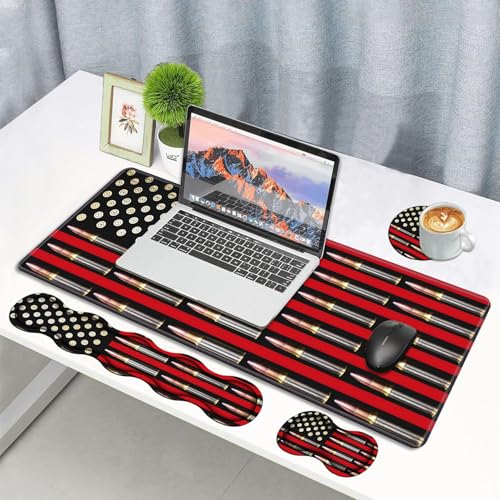 4 in 1 Ergonomic Memory Foam Mouse Pad Wrist Rest Set, Large XXL Gaming Desk Pad + Keyboard Wrist Rest + Mouse Wrist Cushion + Coaster for Home Office Study Gaming, American Flag & Bullets - color: American Flag & Bullets