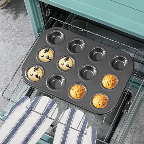 Mini Muffin Pan, Premium Small Cupcake Pans, Carbon Steel 12-Cup Muffin Tin, Versatile Non-Stick Bakeware - color: Black