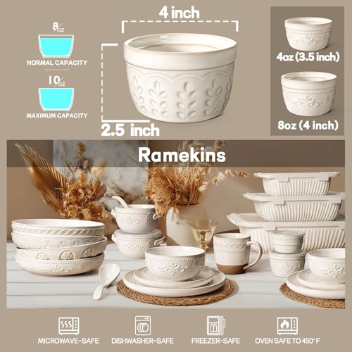 Artena Ramekins Oven Safe, Creme Brulee Ramekins, Embossed White Ceramic Souffle Pudding Custard Cups, Baking Dish, Dipping Bowls, Sauce Cups, Set Of 4 (8 oz, Wheat Leaf) - size: 4 inch (Wheat Leaf, White)