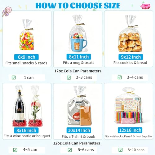 50 Pcs 10x14 Inch Clear Cellophane Gift Bags with Bottom Gusset and Twist Ties – Large Flat Bottom Cellophane Treat Bags for Candy, Cookies, Bakery Goods, Halloween Treats and Christmas Party Favors - color: 10*14 Inch-50Pcs