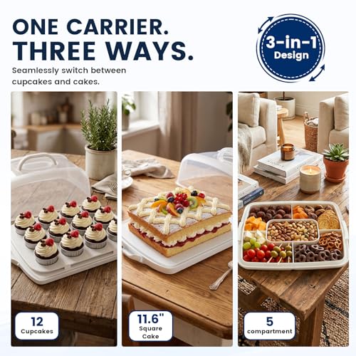 VGOODALL Cake Carrier, 12 Capacity Large Cupcake Holder, 3-in-1 Rectangular Cake Containers for Pies Muffin Candies Fruits Snacks, Dessert Storage Box for Parties, Picnics, Baking(14.8×10.9×3.1) - color: White