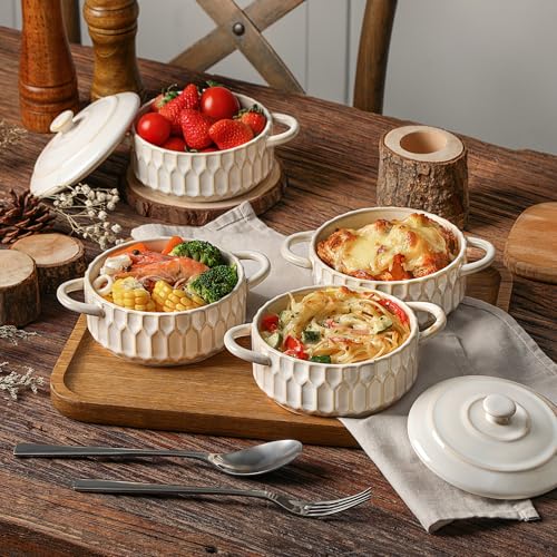 Mini Cocotte Set of 4, 14 oz Ceramic Casserole Dishes with Lids - color: Beige