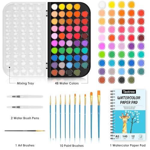 Taotree 48 Watercolor Paint Set with 10 Paint Brushes and Watercolor Book - color: 63 Multicolor