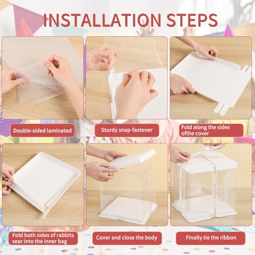 JCD 7" X 7" X 8" Ideal for 4" and 5" Inch two Layer Tiered Cakes Box,6 Pcs Transparent Cake Box with Ribbon for Pastries-Clear Boxes with Lid for Party and Display (White Lid, 7 * 7 * 8inch/6Pcs) - size: White Lid 7inch/6Pcs