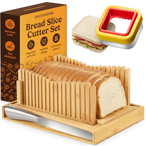 Bread Slicer Guide for Homemade Bread 2-In-1 Set: Sourdough Rounds Slicer, Sandwich Sealer | Bread Loaf Slicing, Adjustable Bamboo Bread Cutter With Knife & Magnetic slot - size: 2-in-1 Set (Basic Kit)