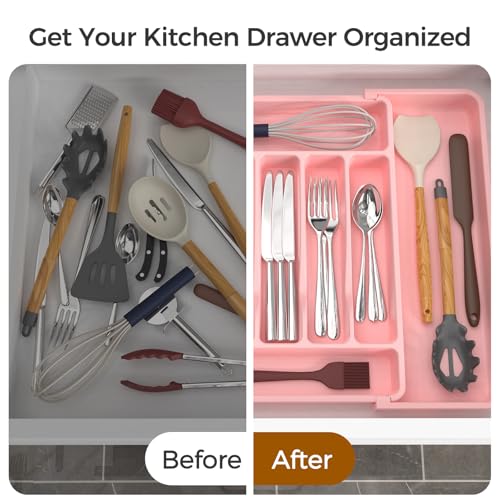 ukeetap Extra Large Expandable Silverware Organizer, Flatware Tray, Pink - color: Pink