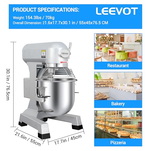 LEEVOT Commercial Mixer 30QT, Heavy Duty Stand Food Mixer, 3-Speed Adjustable Electric Dough Mixer with Stainless Steel Bowl for Dough Kneading Home Bakery Pizzeria Restaurant 120V 60HZ - size: 30QT+Timer