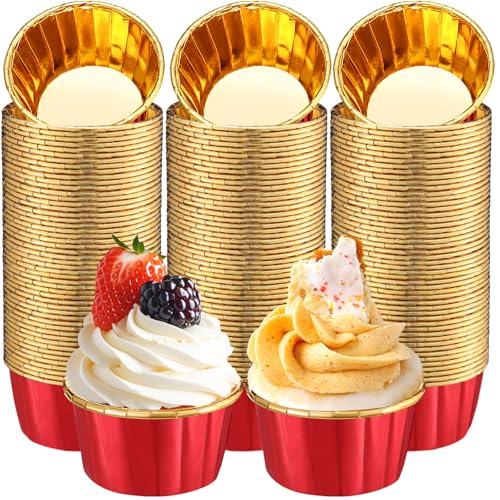 300 Pack Fiery Red Gold Cupcake Liners Disposable Foil Muffin Cup - color: Fiery Red Gold