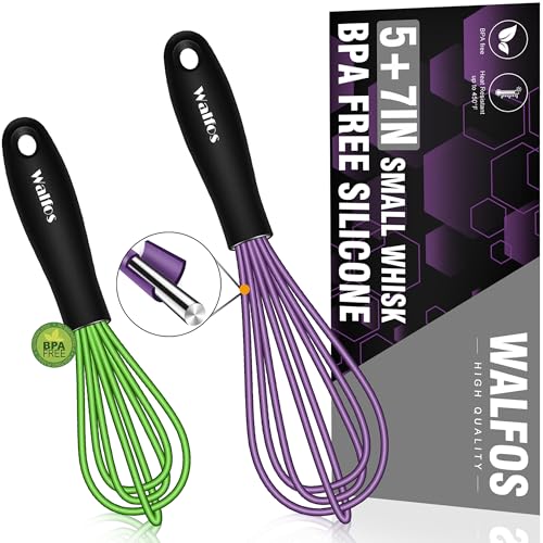 Walfos Whisk,5+7Inch Mini Whisks,Silicone Non Scratch whisk,Heat Resistant(480°F) Small whisks Suitable for stirring individual eggs and mixing small amounts of powder and sauce. Purple & Green - color: 2pcs Purple+ Green; 5+7in