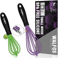 Walfos Whisk,5+7Inch Mini Whisks,Silicone Non Scratch whisk,Heat Resistant(480°F) Small whisks Suitable for stirring individual eggs and mixing small amounts of powder and sauce. Purple & Green - color: 2pcs Purple+ Green; 5+7in