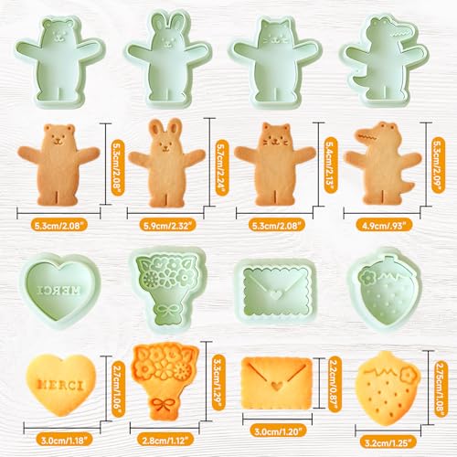 8-Piece Animal Hugs Mini Cookie Cutters with Removable Stamp-Pusher for 3D Baking, Fondant & Chocolate Mold Set - Ideal Creative Gift