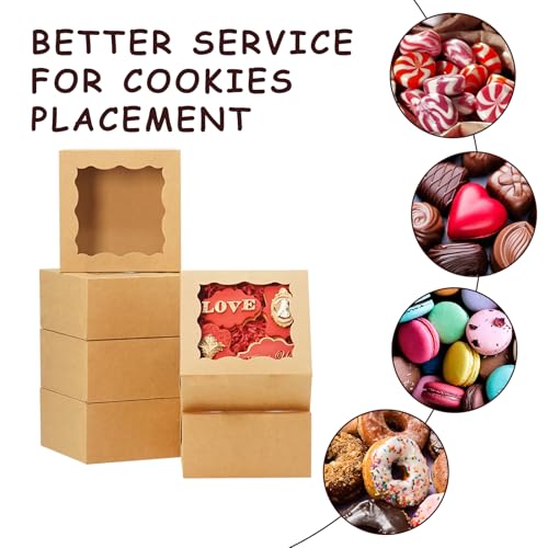 50pcs Cookie Boxes 5x5x2.5 Inch Bakery Boxes with Window Treat Box - color: Brown