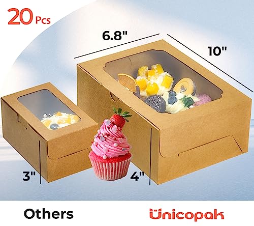 UnicoPak 20 Pack Brown Cupcake Boxes with Handle Tray - 4" Tall Large Muffin Boxes for 6 Cupcakes - Professional Food-Grade Cardboard Window Boxes for High Frosting, Toppers & Jumbo Treats - color: 20 pack brown
