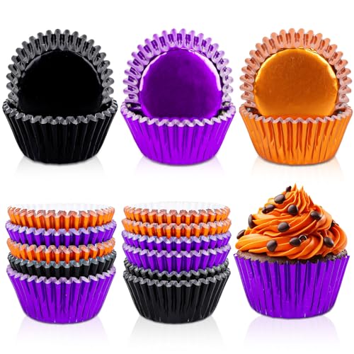 Whaline 150Pcs Halloween Foil Cupcake Liners Black Purple Orange Foil Metallic Cupcake Wrappers Muffin Liners for Halloween Party Supplies Table Decor - color: Black Purple Orange