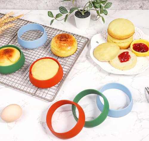 KOLUTI 6 Pack 3.15 Inch Nonstick Silicone English Muffin Rings, Durable Round Frying Egg Patty Omelette Cooker Mold, Circle Ring for Crumpet Pancake Pastry Cookie Baking, BPA Free and 3 Colors - color: 3COLOR-3.15