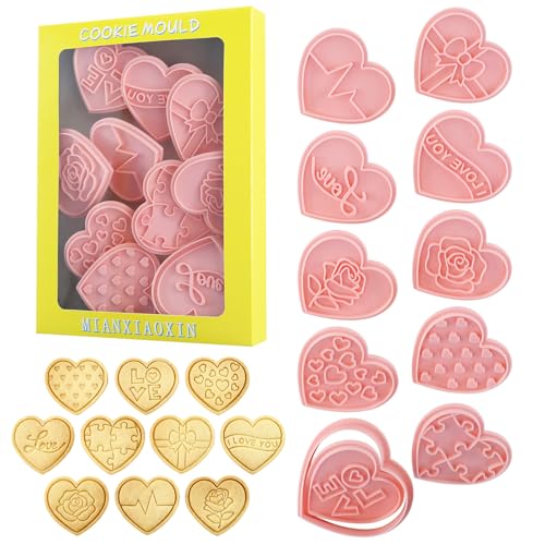 10Pcs Heart Cookie Cutters Rose Love Pattern for Valentine's Day Baking - color: Valentines F-10