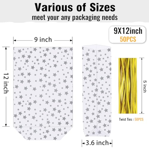 50pcs 9x12 inch Bottom Gusset Silver Star Printed Clear Cellophane Gift Wrap Bags with 5" Twist Ties - color: Silver Star, size: 9X12inch(50 Pcs)