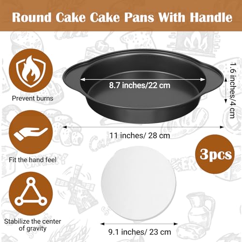 9 Inch Round Cake Pan with Handle, 3 Pcs Nonstick Cake Pans with 100 Pcs Parchment Paper, Carbon Steel Cake Baking Pans Set, Dishwasher Safe