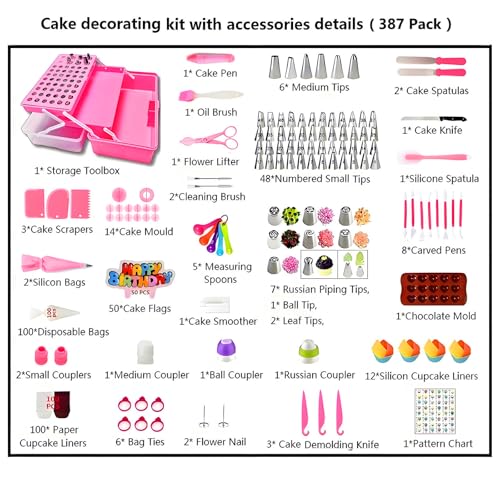 Cake Decorating Kit, 387 Pcs Baking Supplies (Pink)