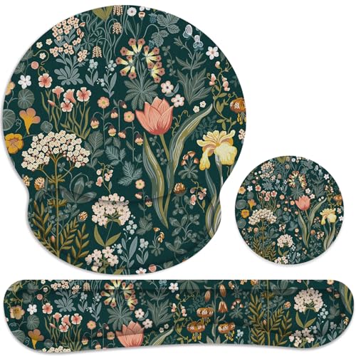 Ergonomic Mouse Pad with Wrist Rest and Keyboard Wrist Rest, Mousepad - color: Green Flowers