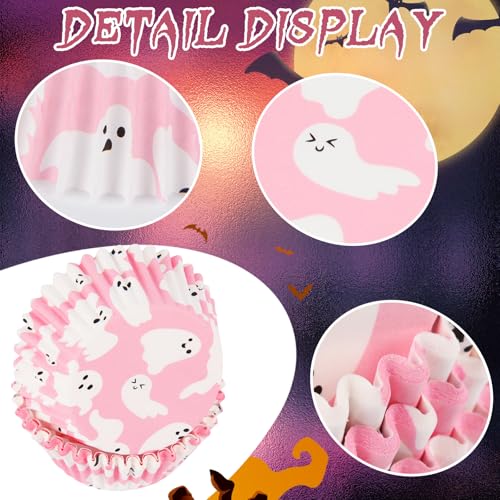 600 Pack Halloween Cupcake Liners Pink Ghost Baking Cups Standard Size Muffin Liners for Halloween Party Candy Cake Decorations Supplies - style: Pink Ghost